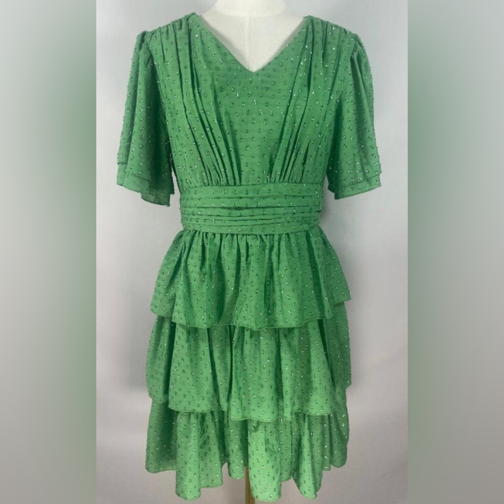 NWT JessaKae Selena Green Shimmer Swiss Dot Tiered Ruffle Mini Dress Size L